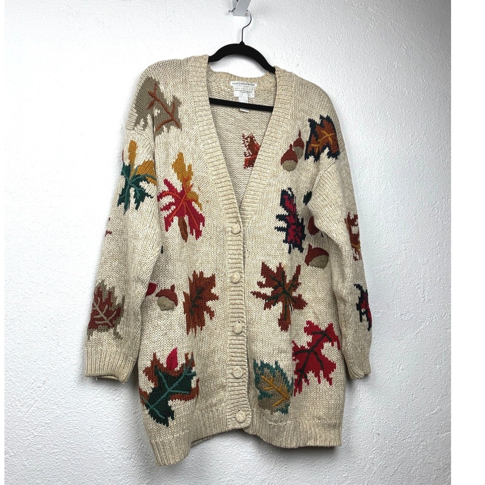 Van Heusen Beige Cardigan - M - Hand Embroidered Autumn Leaves Acorn Cottagecore